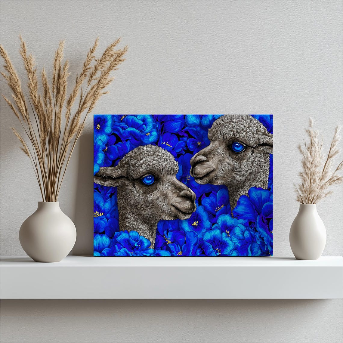 Vibrant Alpaca Pair Blue Flowers Wildlife Portrait Art Poster