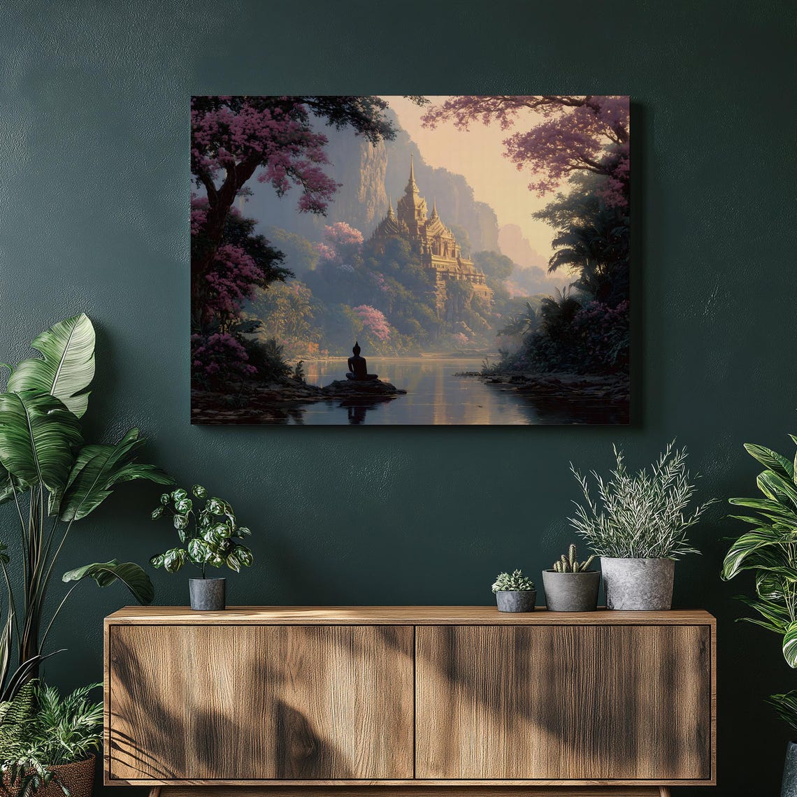 Zen Buddha Meditation Canvas Wall Art Serene Buddhist Temple Landscape With Pagoda By Tranquil River Reflection Tropical Rainforest Print
