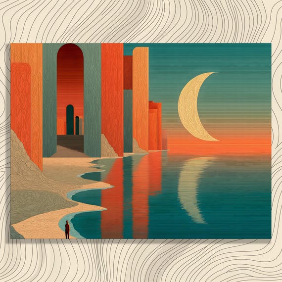 Surreal Crescent Moon Canvas Wall Art Modern Phases Landscape Design Abstract Print Architectural Dreamlike Painting