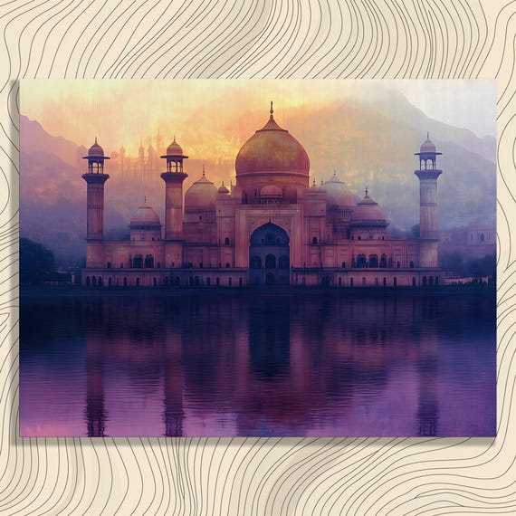 Serene Mosque Sunset Canvas Wall Art Vintage Architectural Landscape Painting With Water Reflection And Mountain Backdrop Home Decor