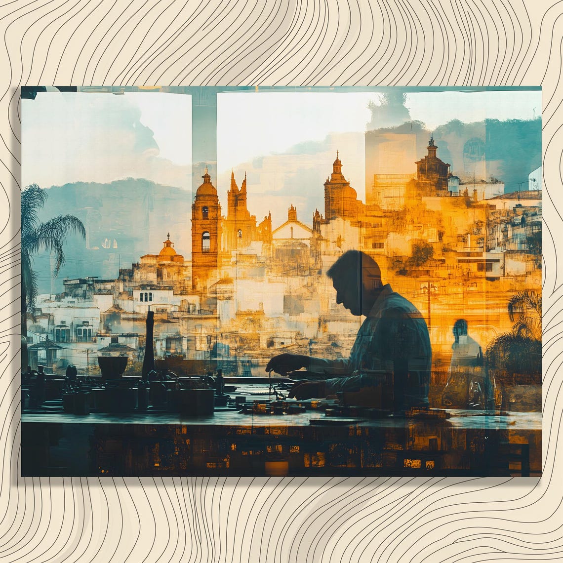 Golden Cityscape Double Exposure Silhouette Man Window Art Poster