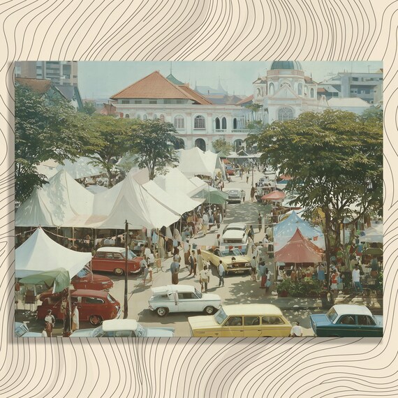 Vintage Street Market Canvas Wall Art Classic Cars Colonial Building Urban Cityscape Midcentury Modern Vendors Shoppers Leafy Trees Outdoo