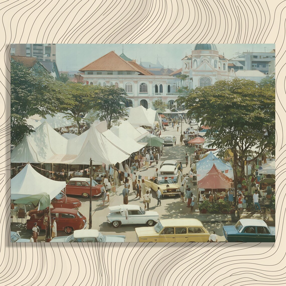 Vintage Street Market Classic Cars Colonial Plaza Art Poster