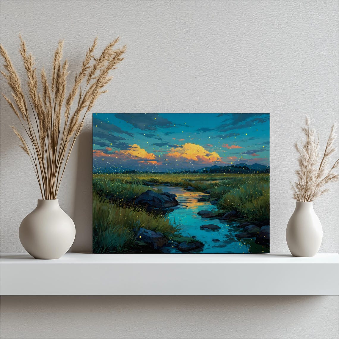 Fireflies Over Twilight Stream Glowing Meadow Anime Style Night Poster