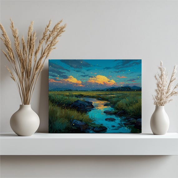 Colorful Sunset Fireflies Canvas Wall Art River Landscape Nature Decor With Glowing Dusk Marshland Stream Water Reflection Twilight Sky