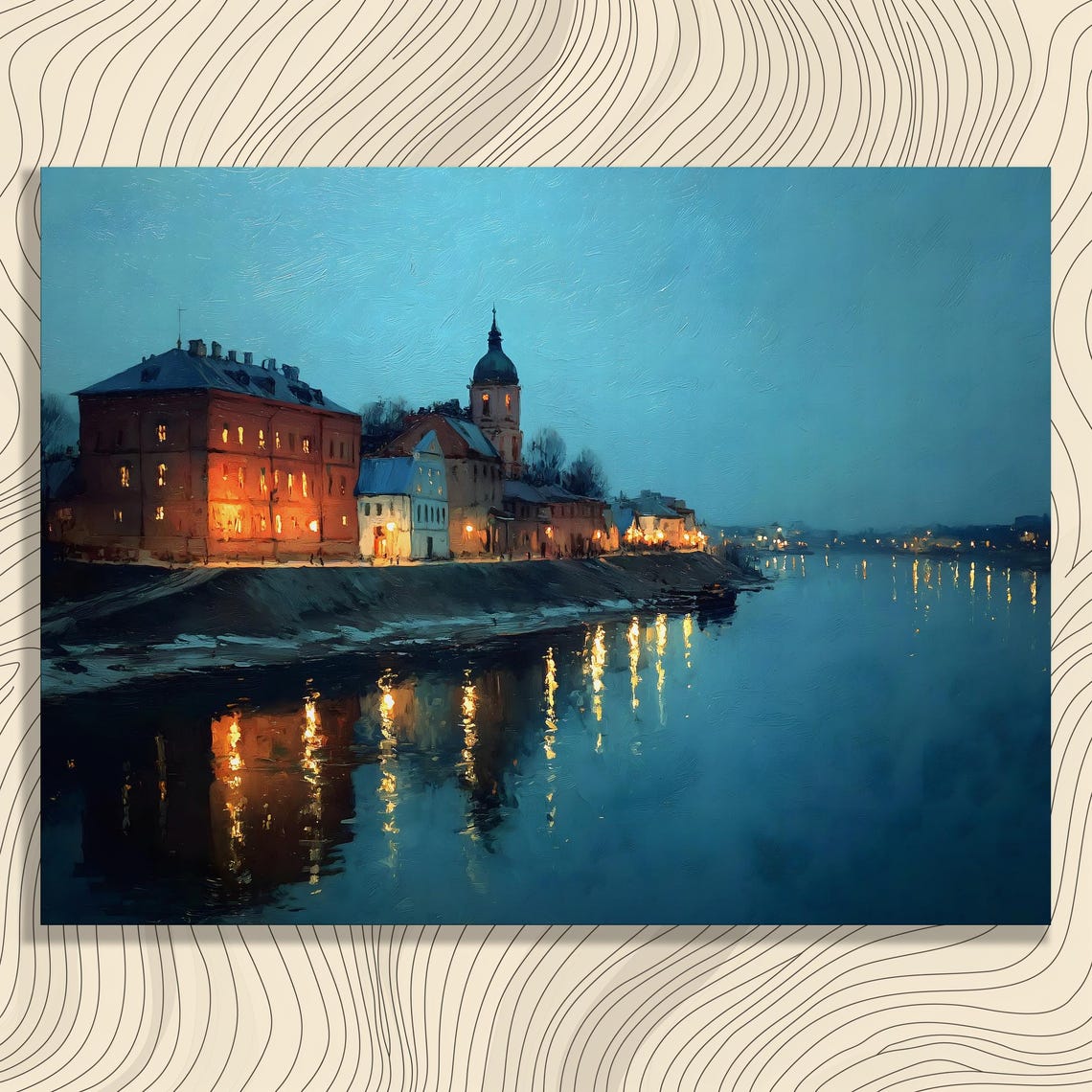 Riverside Old Town at Dusk Warm Lights River Reflection Art Poster
