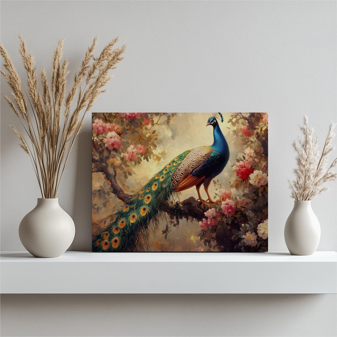 Majestic Peacock Among Blooming Pink Flowers Elegant Wall Art