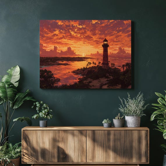 Tropical Sunset Lighthouse Canvas Wall Art Coastal Seascape Print Ocean Horizon Palm Trees Colorful Beach Decor Painting