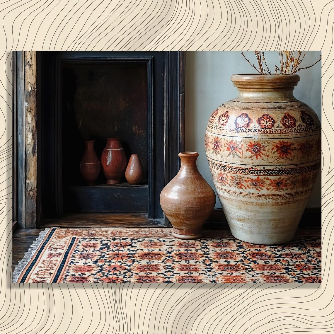 Rustic Clay Vase Folk Pottery Floral Pattern Still Life Canvas Poster
