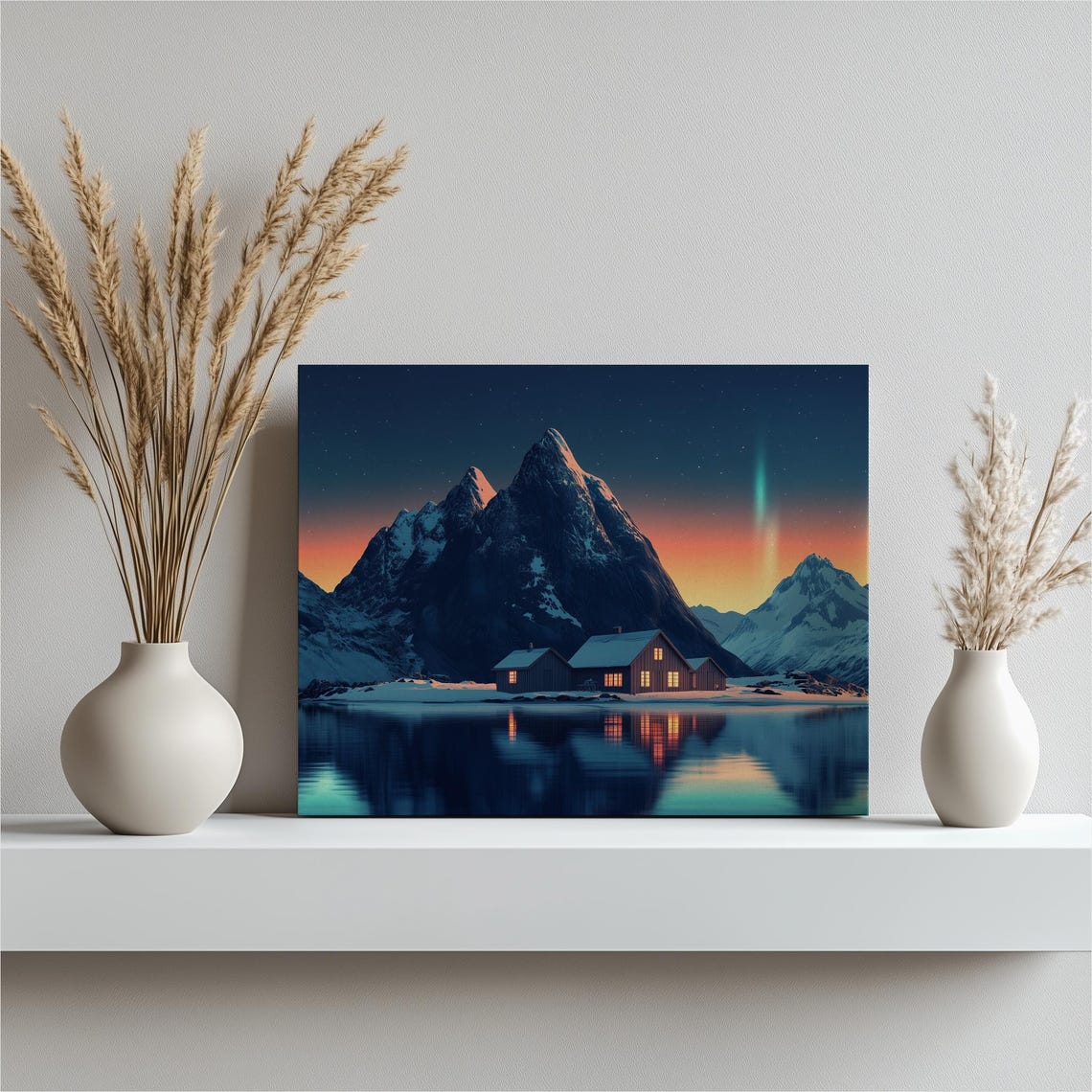 Magical Arctic Fjord Cabins Northern Lights Night Landscape Poster