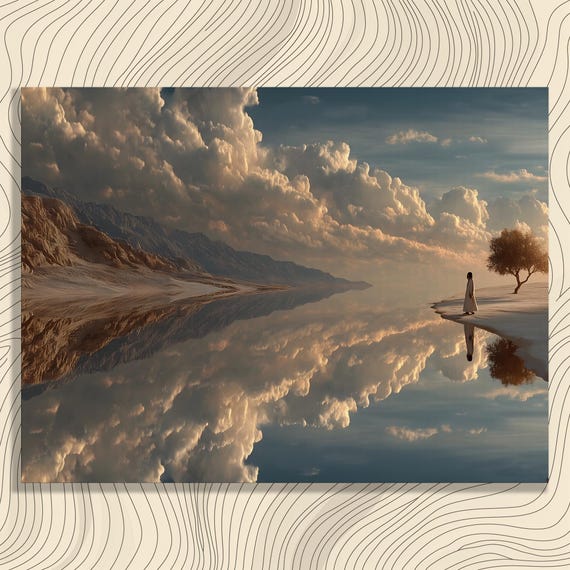 Mirror Lake Desert Canvas Wall Art Surreal Reflection Cloudscape With Robed Figure Tranquil Shoreline Calming Neutral Nature Decor