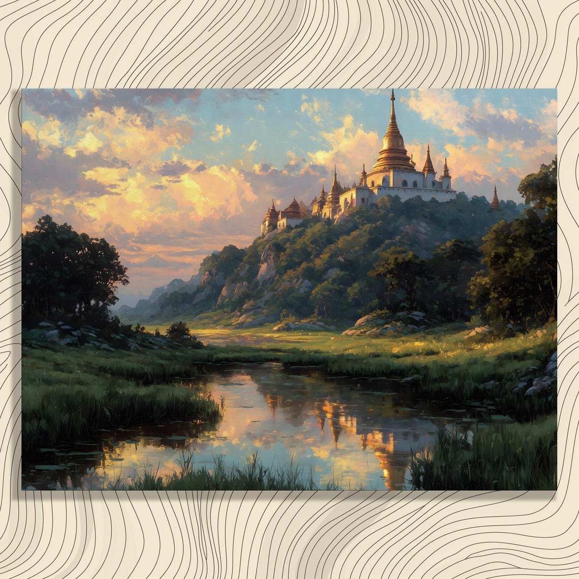 Serene Golden Buddhist Temple Sunset River Hillside Painting Print