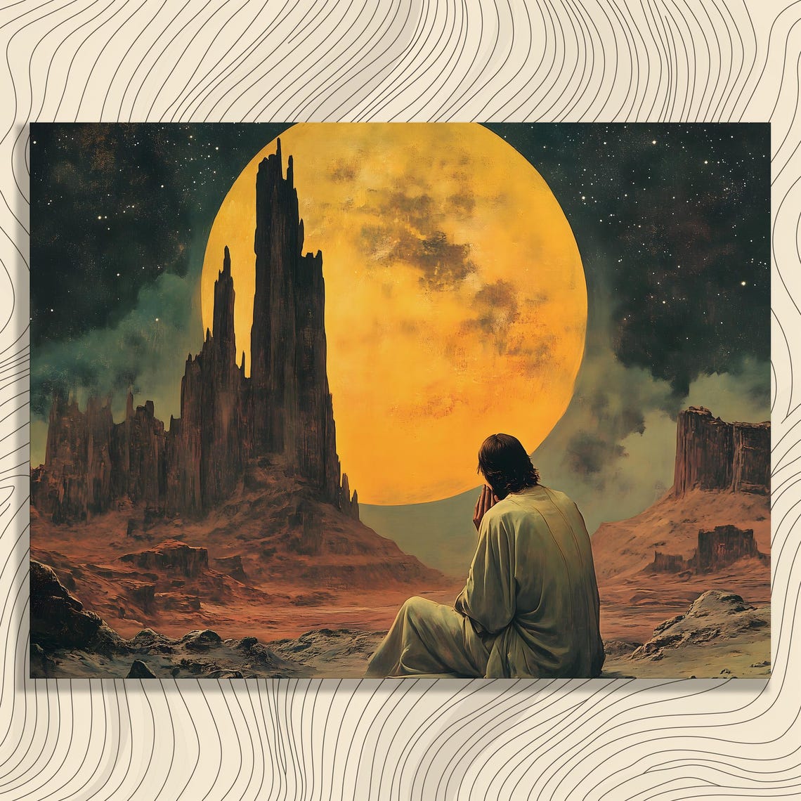Robed Man Praying Before Giant Golden Moon Desert Night Poster