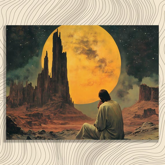 Desert Moon Meditation Canvas Wall Art Dark Surreal Landscape Glowing Canyon Starry Sky Spiritual Decor Solitude Figure Prayerful