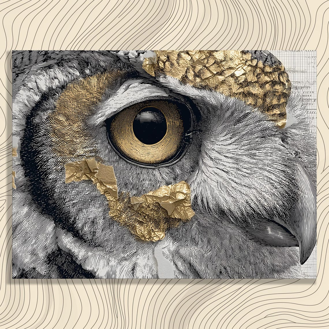 Owl Eye Close Up Black and White Engraving With Gold Leaf Wall Art