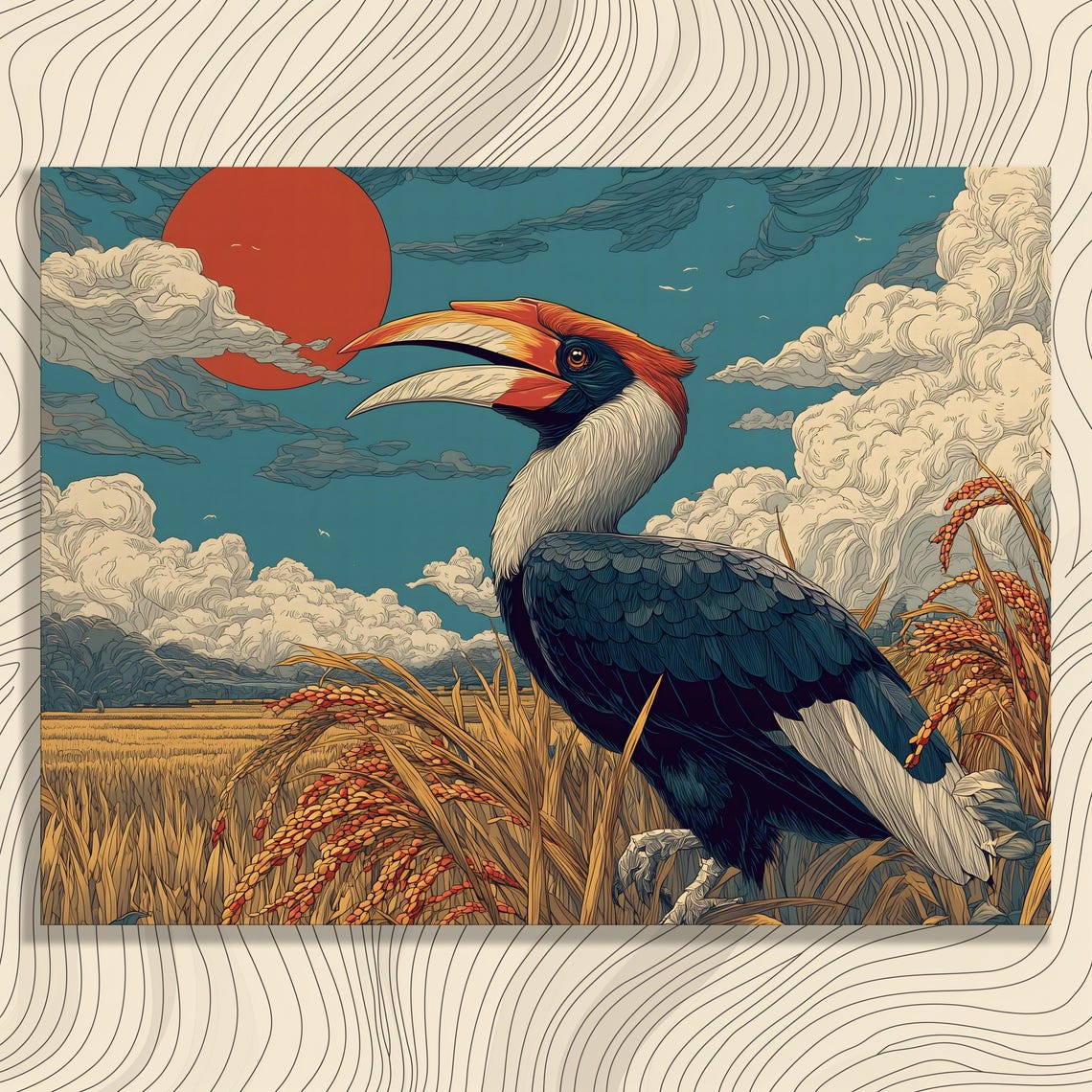 Great Hornbill Rice Field Red Sun Stylized Tropical Bird Wall Art