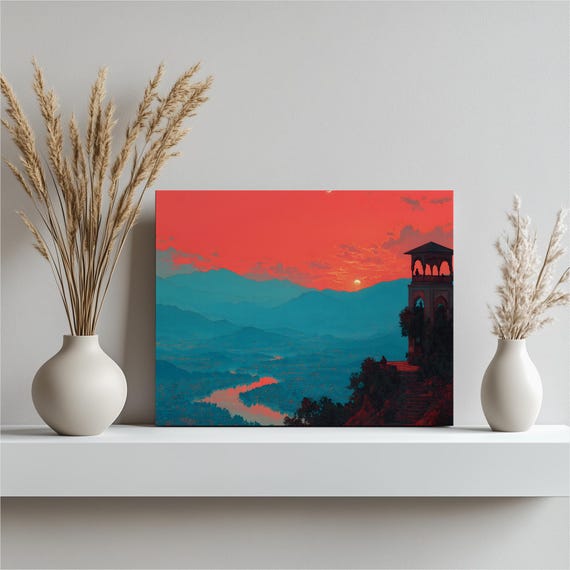 Sunset Mountain River Canvas Wall Art Colorful Landscape Print With Modern Cityscape Pavilion Overlook Crescent Moon Valley Horizon Gift