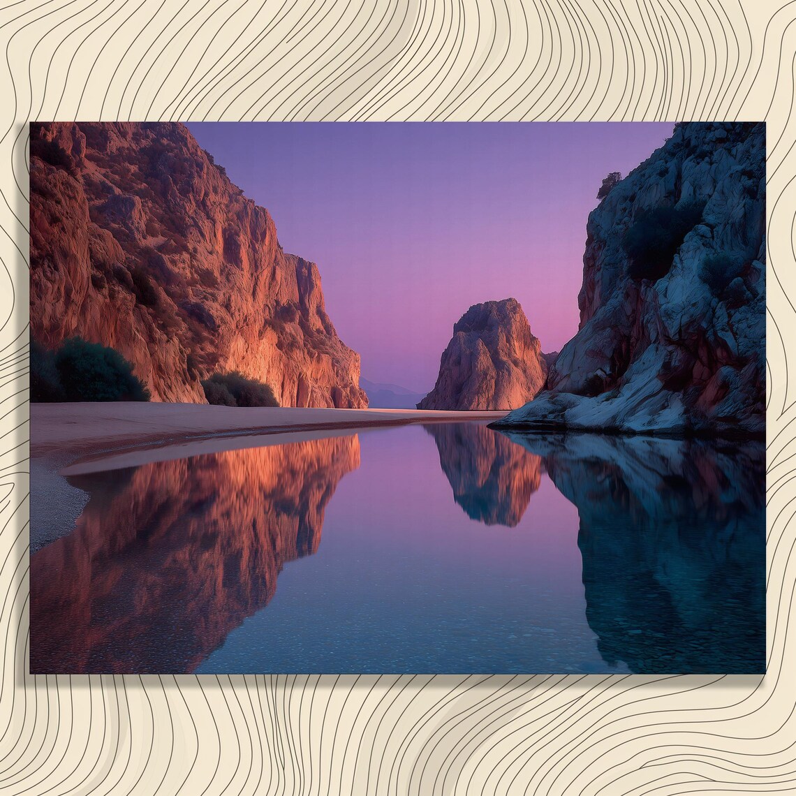 Coastal Cove Red Cliffs At Sunset With Perfect Mirror Reflection Poster