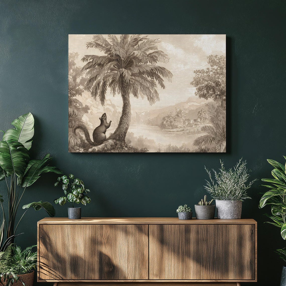 Vintage Squirrel Under Palm Tree River Engraving Style Wall Art