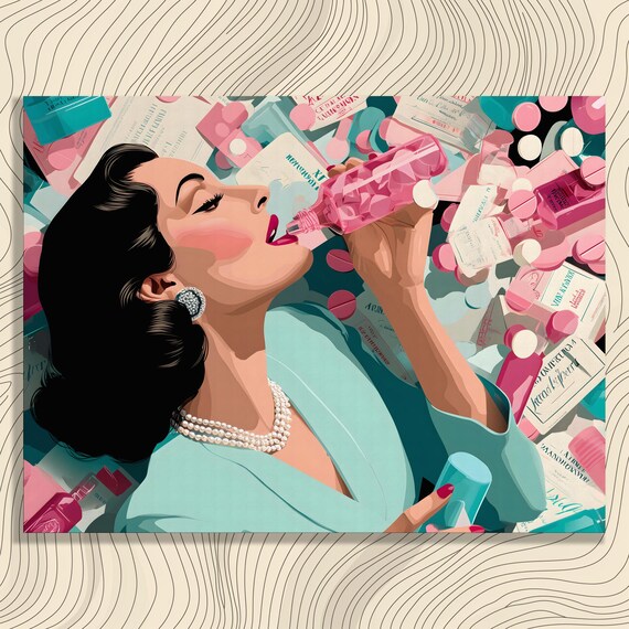 Retro Pop Art Glamorous Woman Pink Pills Pharmacy Humor Canvas Poster