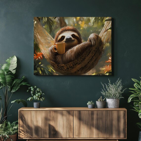 Sloth Canvas Wall Art Hammock Coffee Cup Tropical Relaxation Home Decor Living Room Dorm Livingroom Decoration Inexpensive