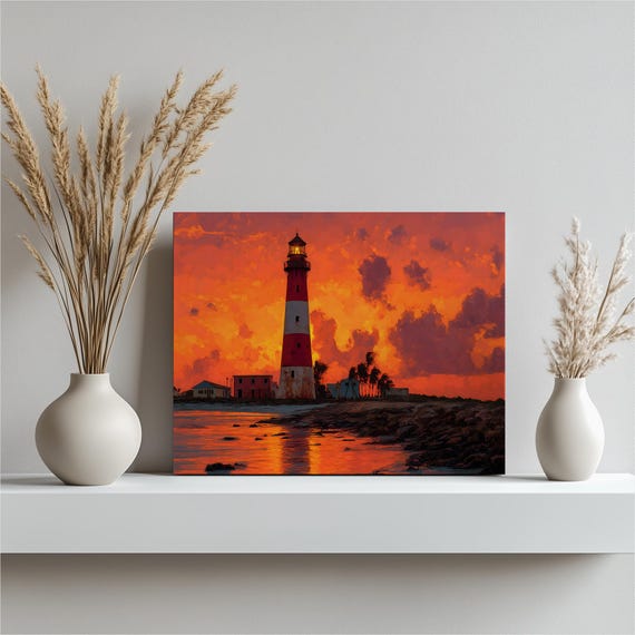 Lighthouse Sunset Tropical Canvas Wall Art Coastal Decor Seascape Painting Nautical Gift Island Palm Tree Shoreline Reflection