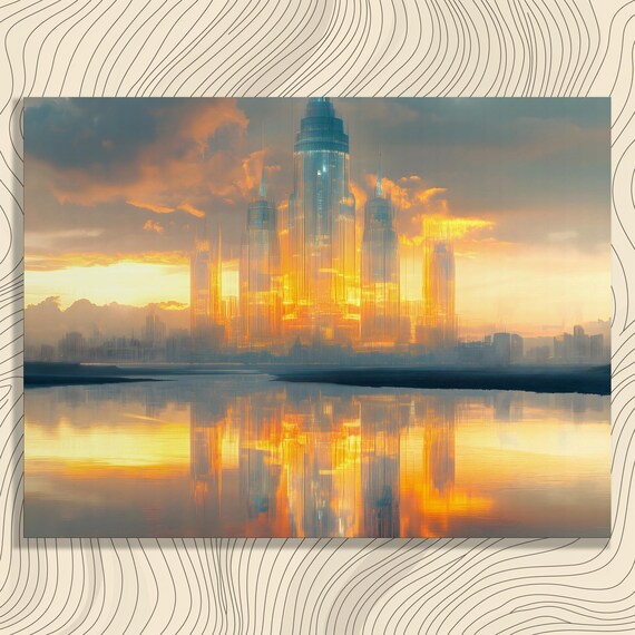 Surreal Futuristic Cityscape Canvas Wall Art Sunset Reflection Skyline Print Modern Gift For Collectors Urban Architecture Horizon