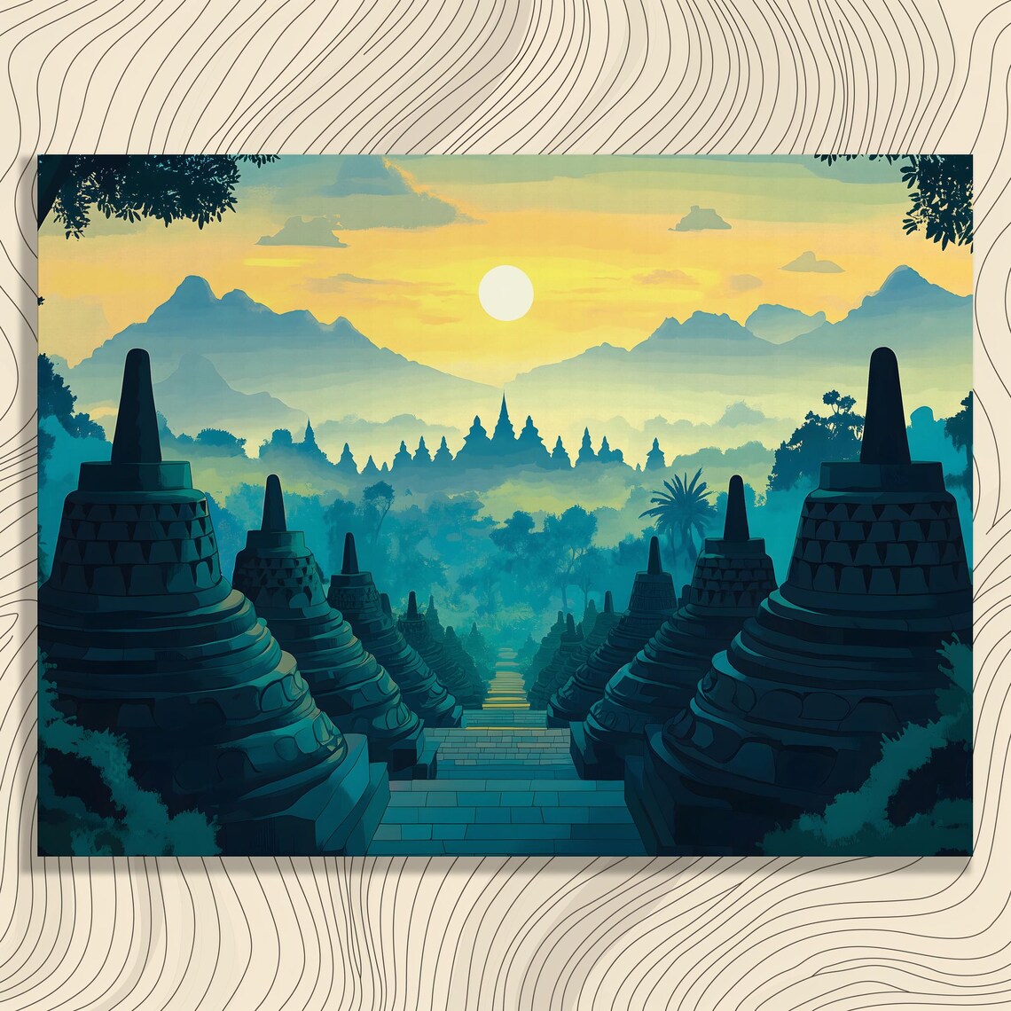 Ancient Temple Stupas Sunrise Stone Path Misty Mountains Scenic Art Poster