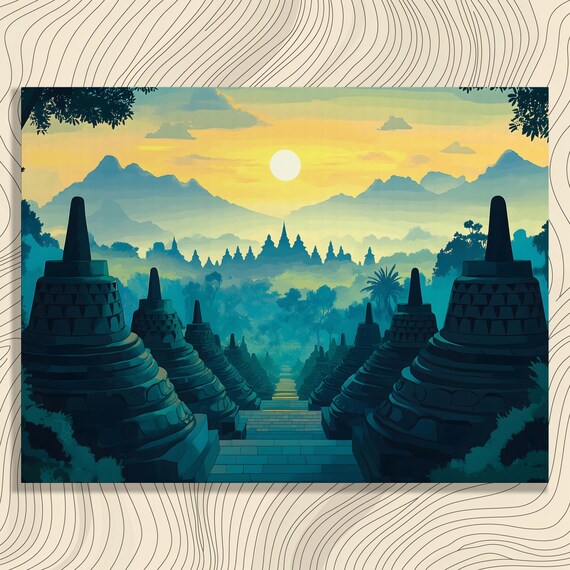 Ancient Temple Stupas Sunrise Stone Path Misty Mountains Scenic Art Poster