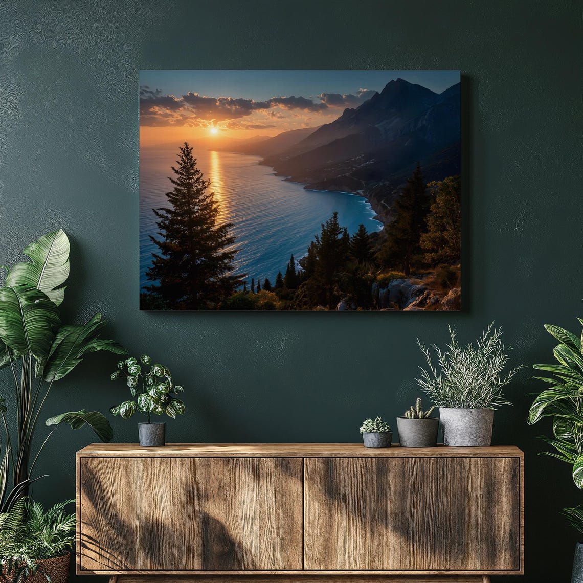 Coastal Sunset Mountains Pines Poster Ocean Golden Light Cliffs