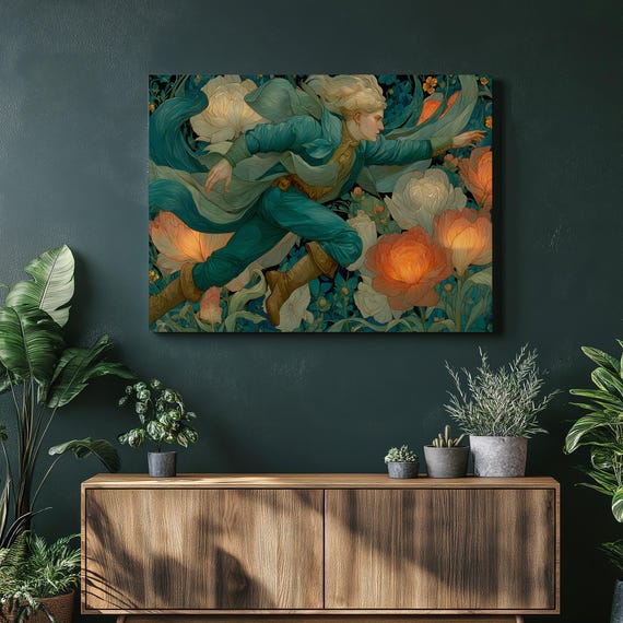 Art Nouveau Floral Figure Canvas Wall Stained Glass Style Fantasy Botanical Illustration Teal Orange Peony Garden Decor Print