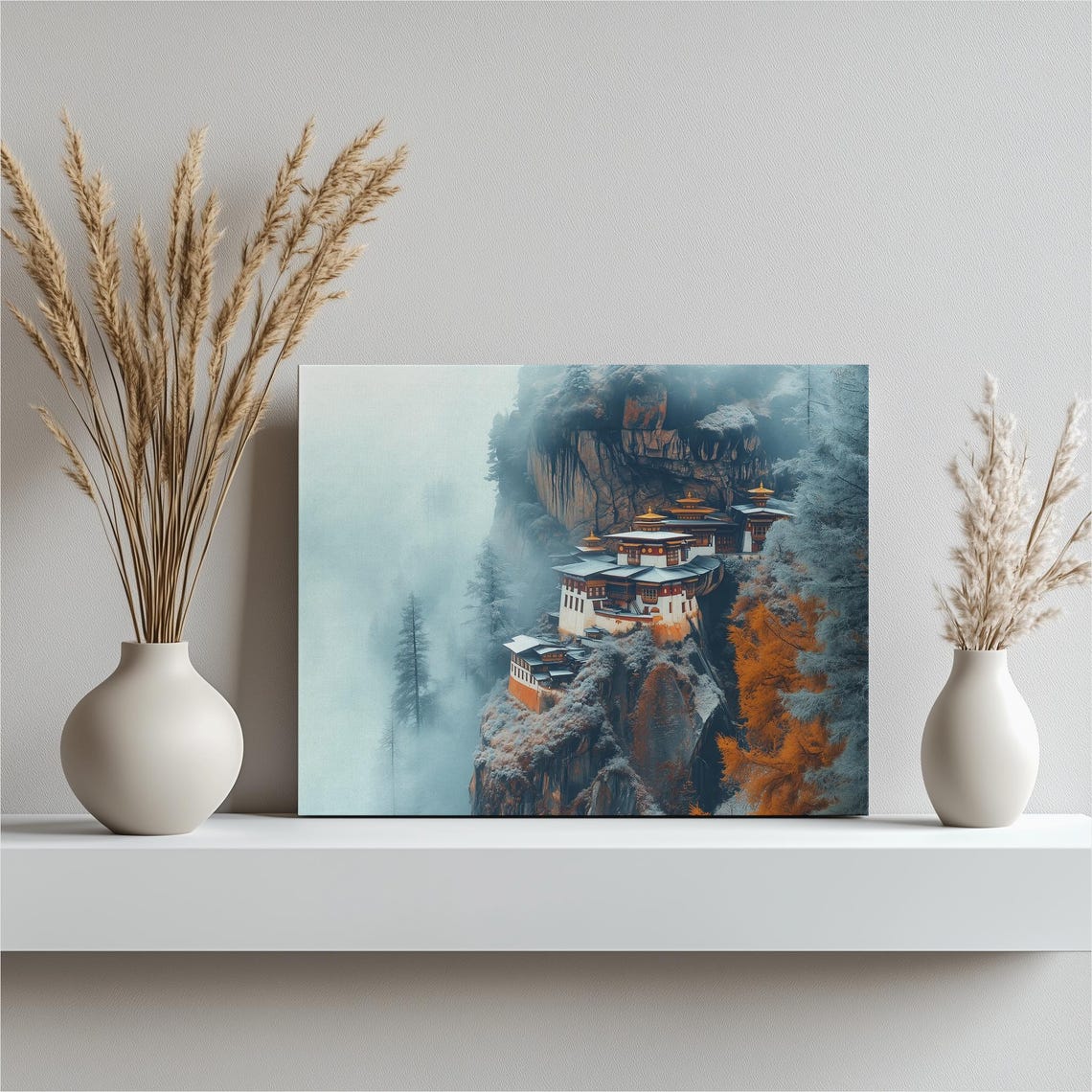 Cliffside Monastery in Mountain Mist Moody Landscape Art Poster