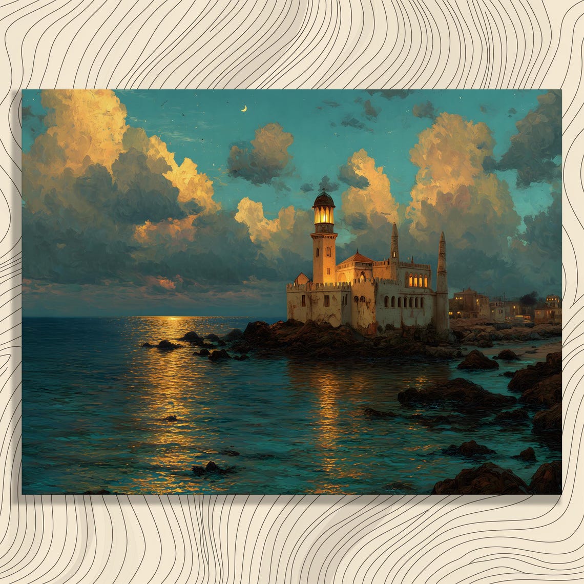 Mediterranean Castle Lighthouse at Dusk Rocky Coast Art Poster