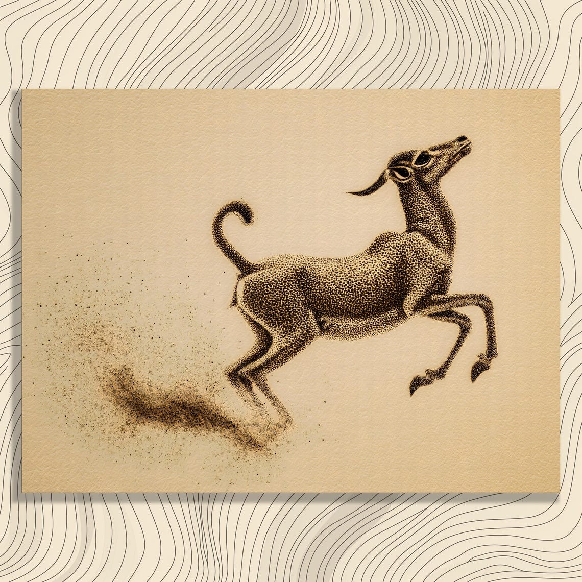 Leaping Antelope Gazelle Dotwork Sepia Minimalist Wildlife Poster