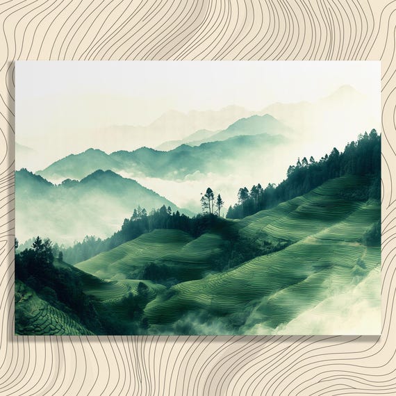 Misty Mountain Landscape Canvas Wall Art Serene Minimal Terraced Fields Nature Painting Print Gift For Lovers And Travelers