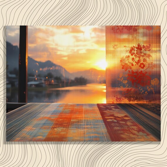 Sunset Through Sheer Floral Curtains Window Lake Mountains Golden Wall Art