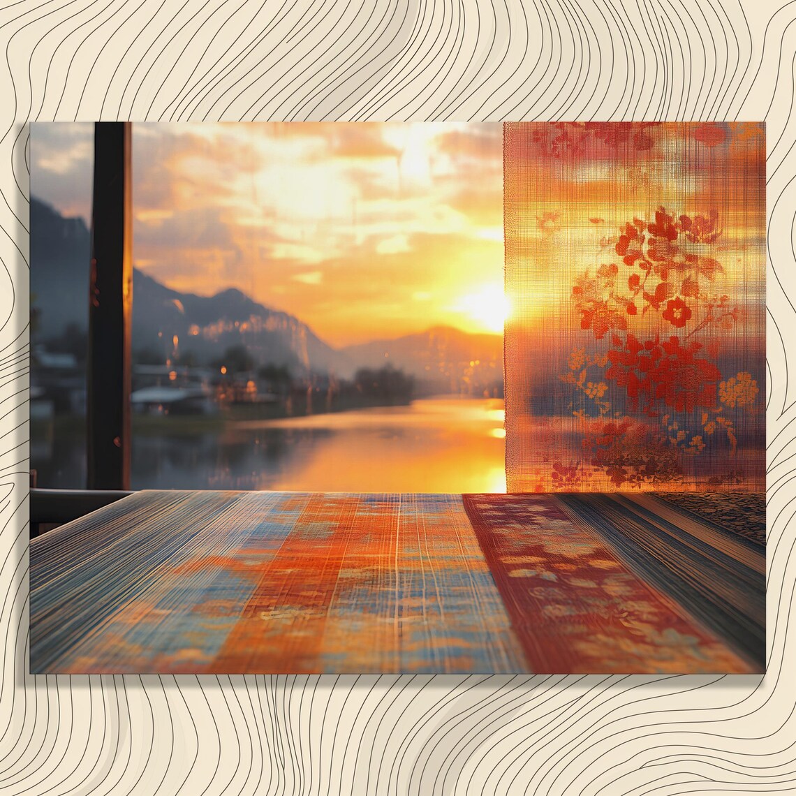 Sunset Through Sheer Floral Curtains Window Lake Mountains Golden Wall Art