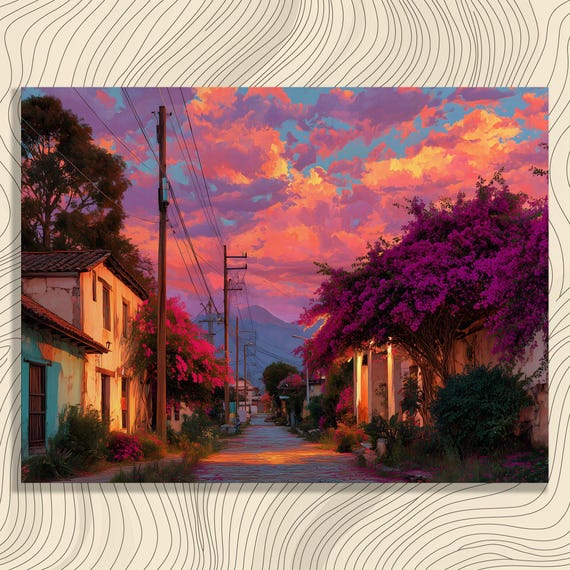 Colorful Village Sunset Canvas Wall Art Rustic Cobblestone Street Bougainvillea Tropical Flowers Mountain View Rural Landscape