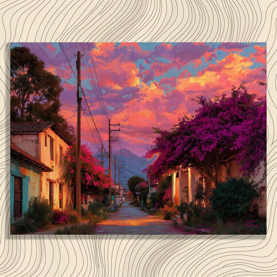 Village Cobblestone Street Bougainvillea Sunset Mountain View Wall Art