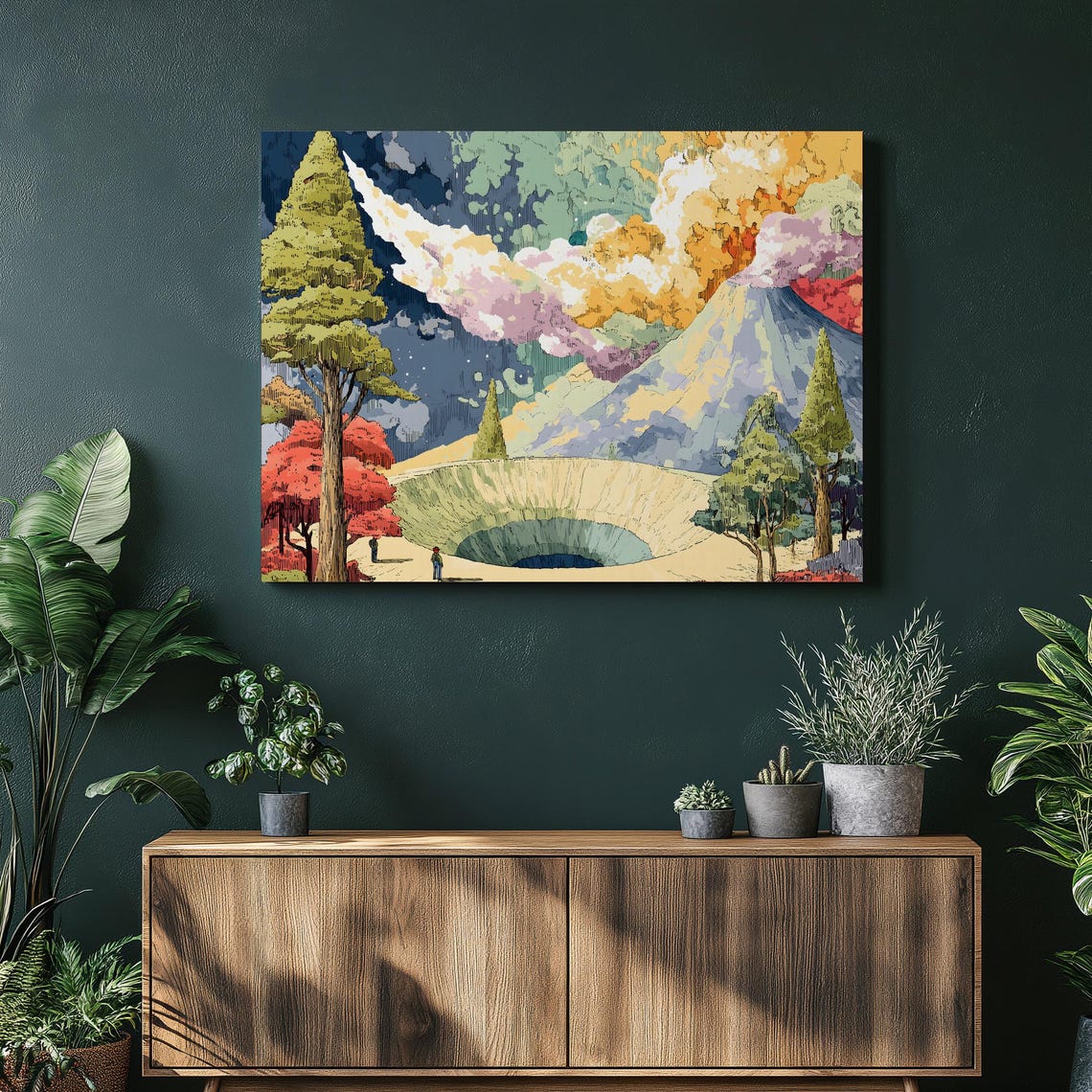 Colorful Volcano Crater Smoky Sky Forest Landscape Art Poster