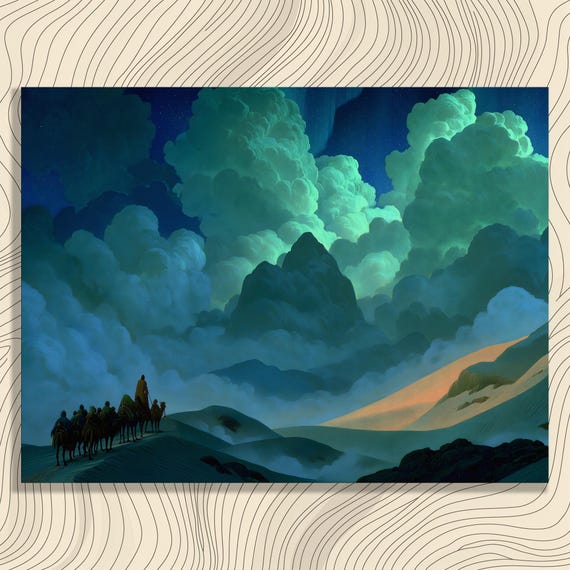 Camel Caravan Desert Night Canvas Wall Art Starlit Dunes Landscape Print With Glowing Green Clouds Stars Travel Decor Wanderlust Gift