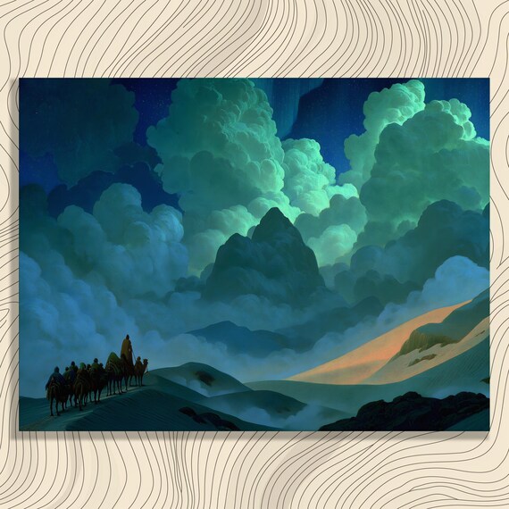 Camel Caravan Under Starlit Night Desert Dunes Landscape Poster
