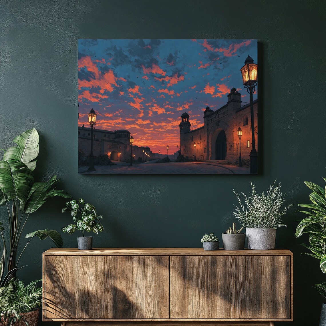 Medieval Stone Town Gate Sunset Lamps Fantasy Cityscape Poster