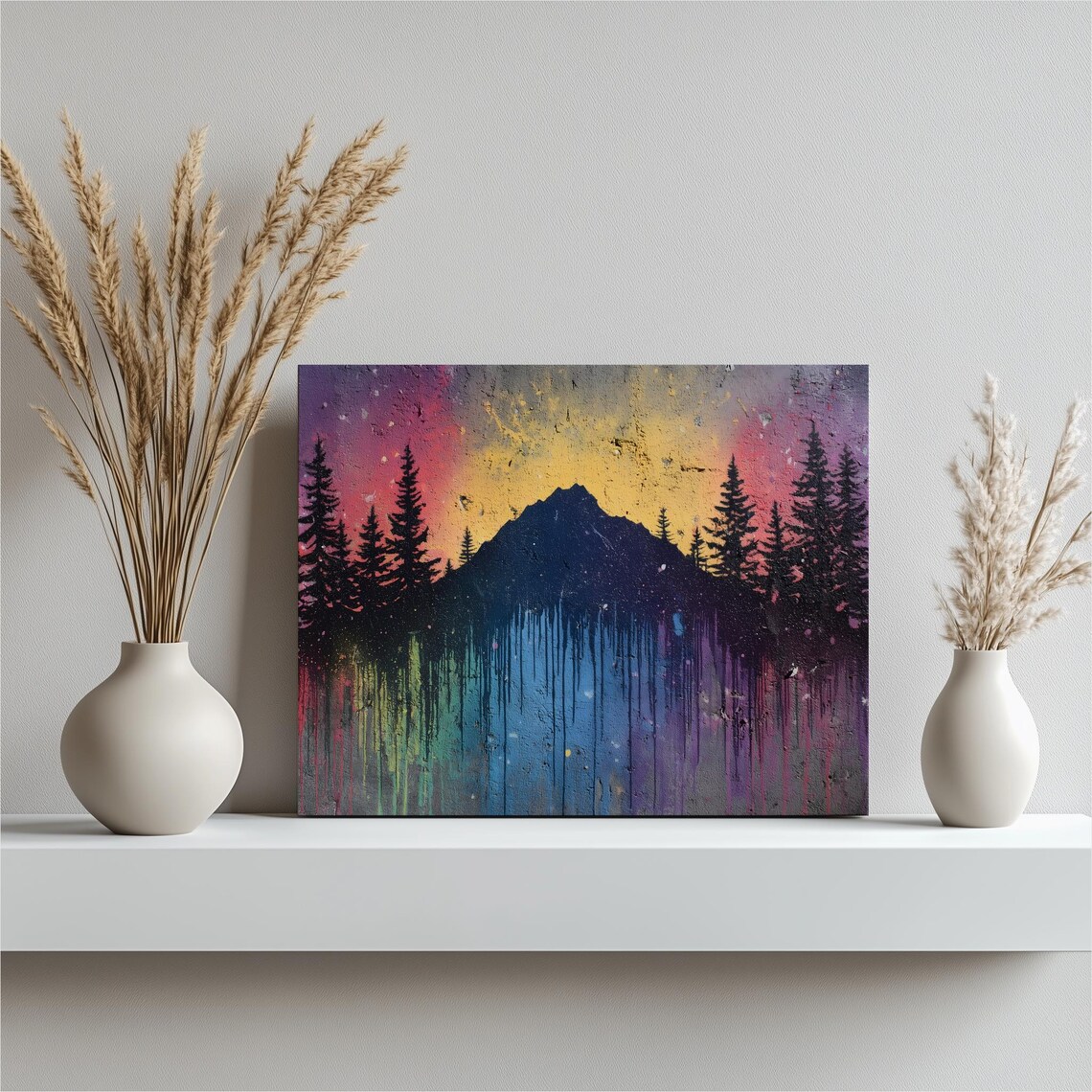 Colorful Mountain Silhouette Canvas Wall Art Sunset Sky Pine Trees Drip Painting Graffiti Style Abstract Landscape Nature Decor