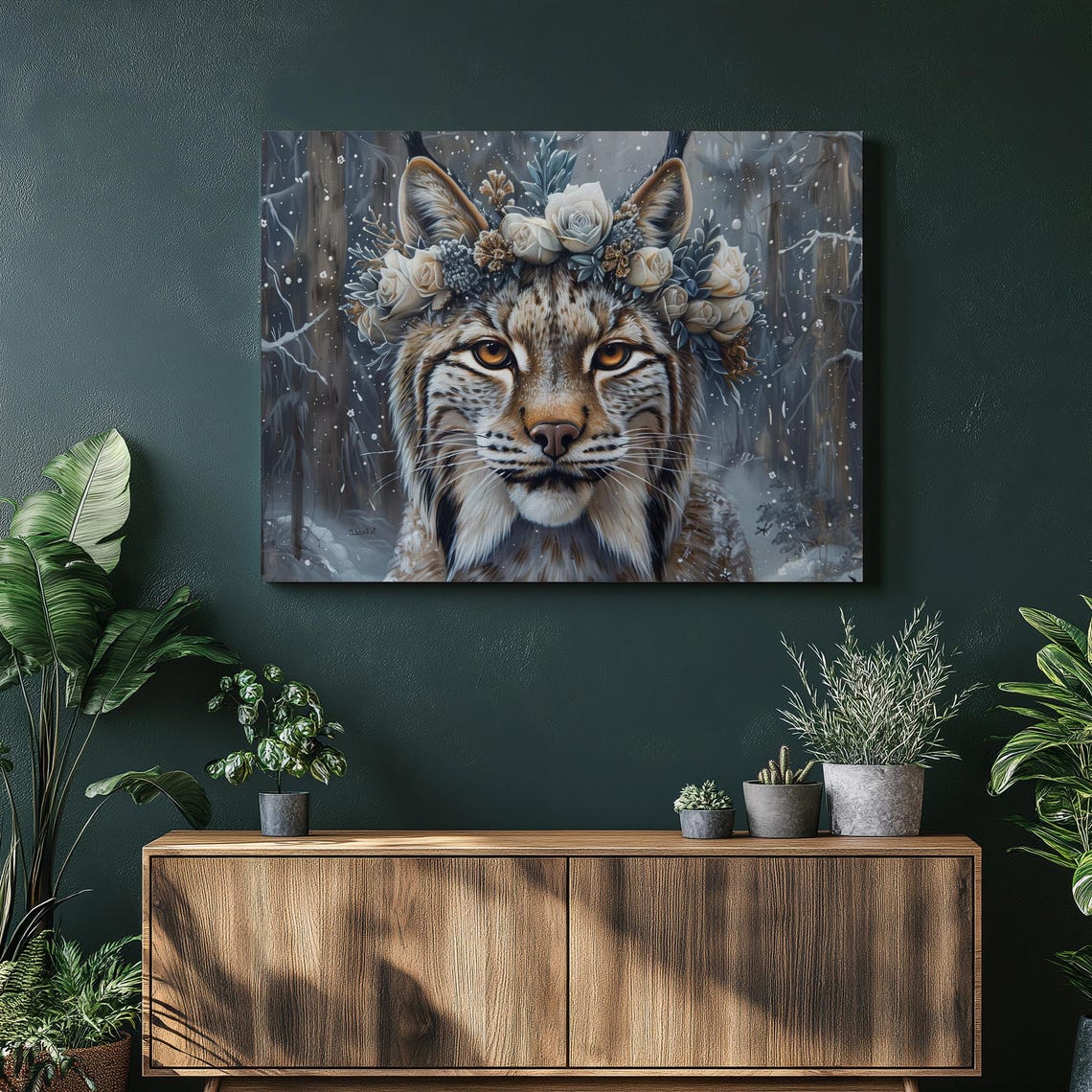 Lynx Winter Floral Crown Snowy Forest Wildcat Portrait Poster