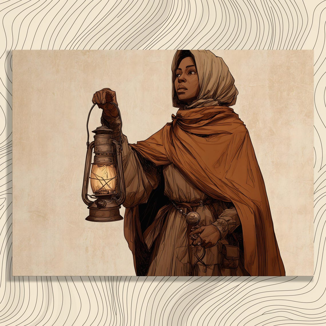 Hooded Lantern Bearer Firelight Painting Dark Fantasy Poster