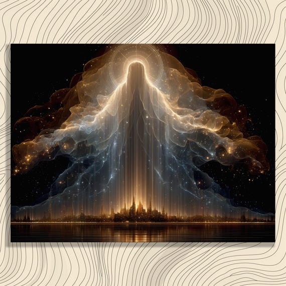 Celestial Light Being Descending Over City Cosmic Art Poster