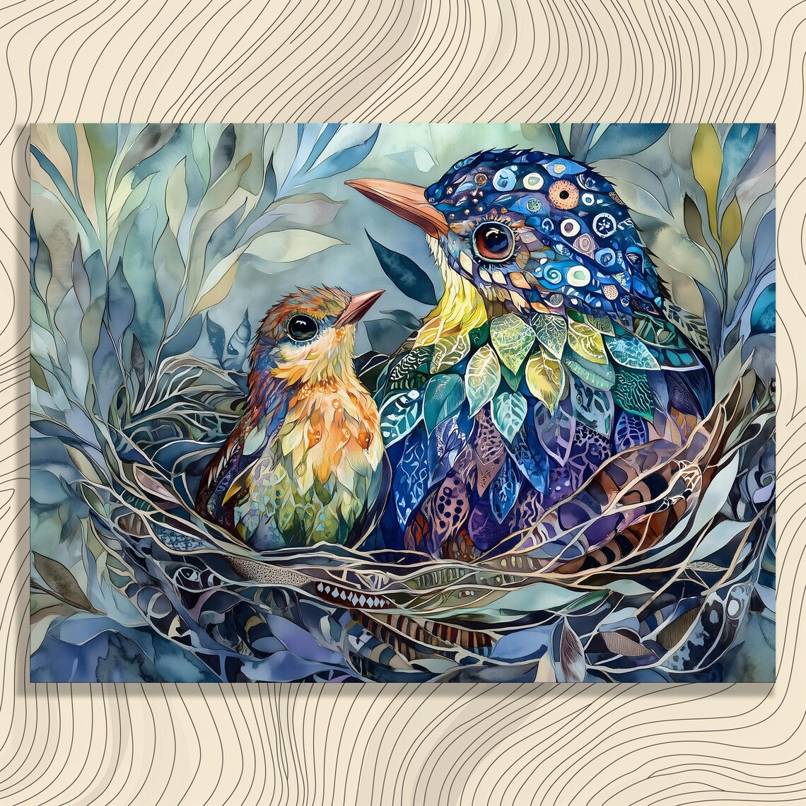 Robin Pair In Nest Mosaic Watercolor Garden Songbird Wall Poster