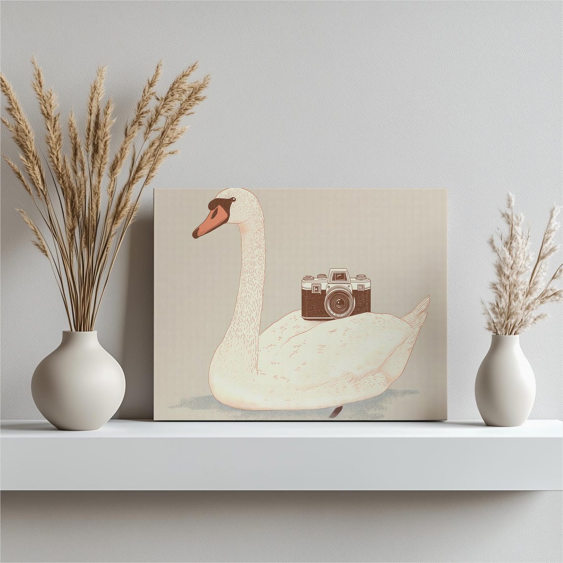 Swan Holding Vintage Camera Minimalist Whimsical Illustration Poster