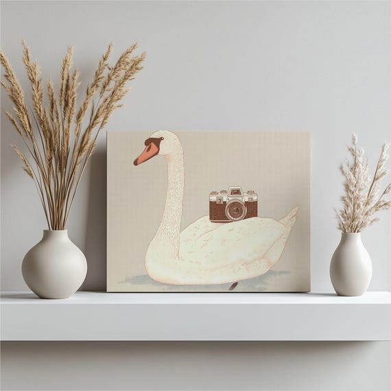Whimsical Swan Canvas Wall Art Vintage Camera Bird Print Illustration Animal Decor Poster Nature Photography